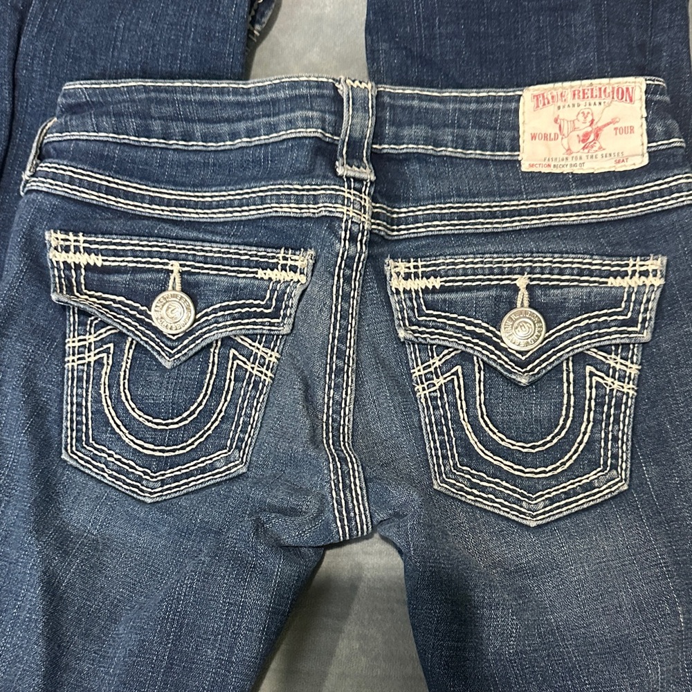 True Religion DESIGNER Women's Dark Blue Boot Cut Jeans White Stitch EUC 26